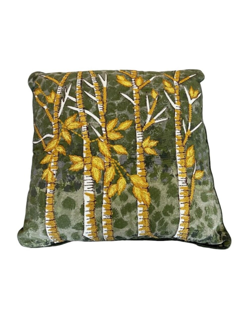 Vintage Pier One Velvety Pillow Embroidered Bamboo Sage Green Gold 18” Fall